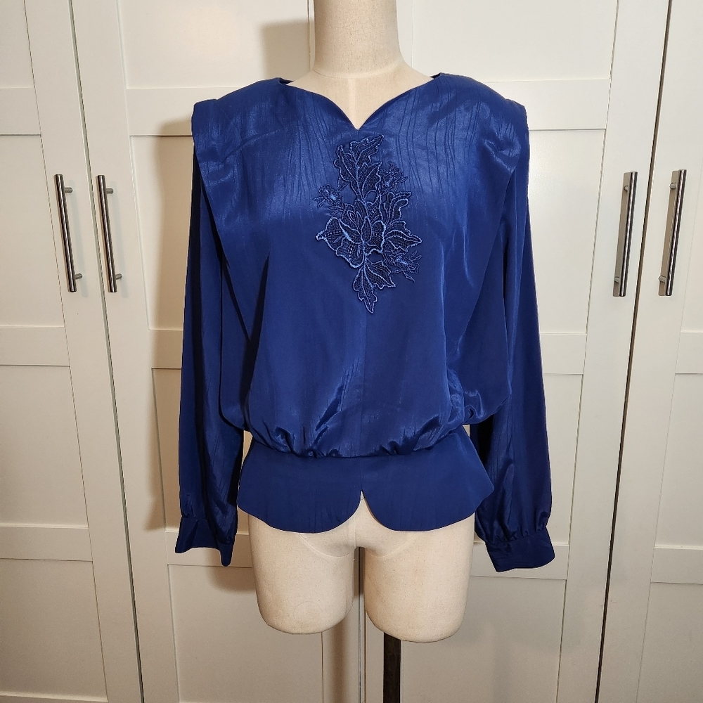 Vintage Andrea Gayle Cornflower Blue Lace Blouse Coquette Peplum Top Size 14
